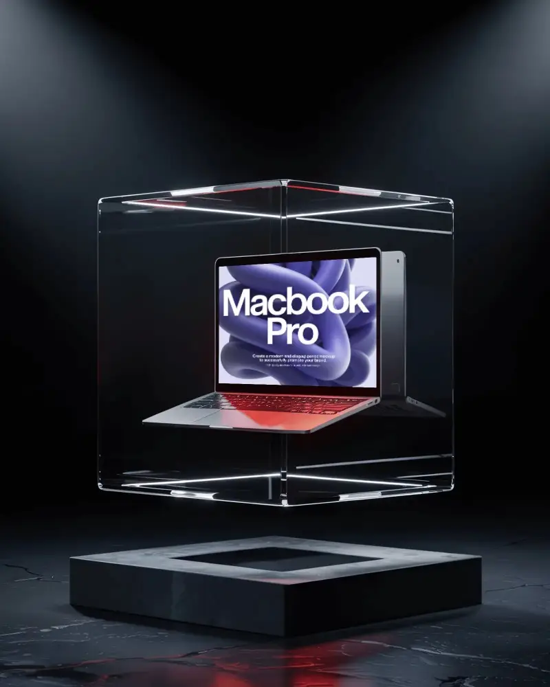 macbook-pro-m1-mockup-floating-in-transparent-glass-cube-with-red-glow-and-dark-showcase-podium