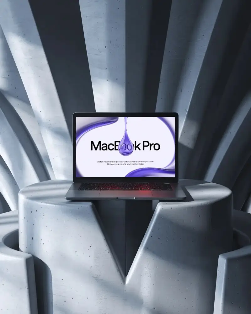 editorial-macbook-pro-m1-mockup-on-carved-throne-like-stand-with-symmetrical-stone-background