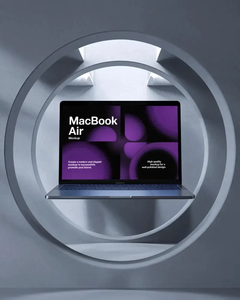 macbook-air-m1-mockup-floating-in-architectural-ring-structure-with-soft-light-and-shadow-depth