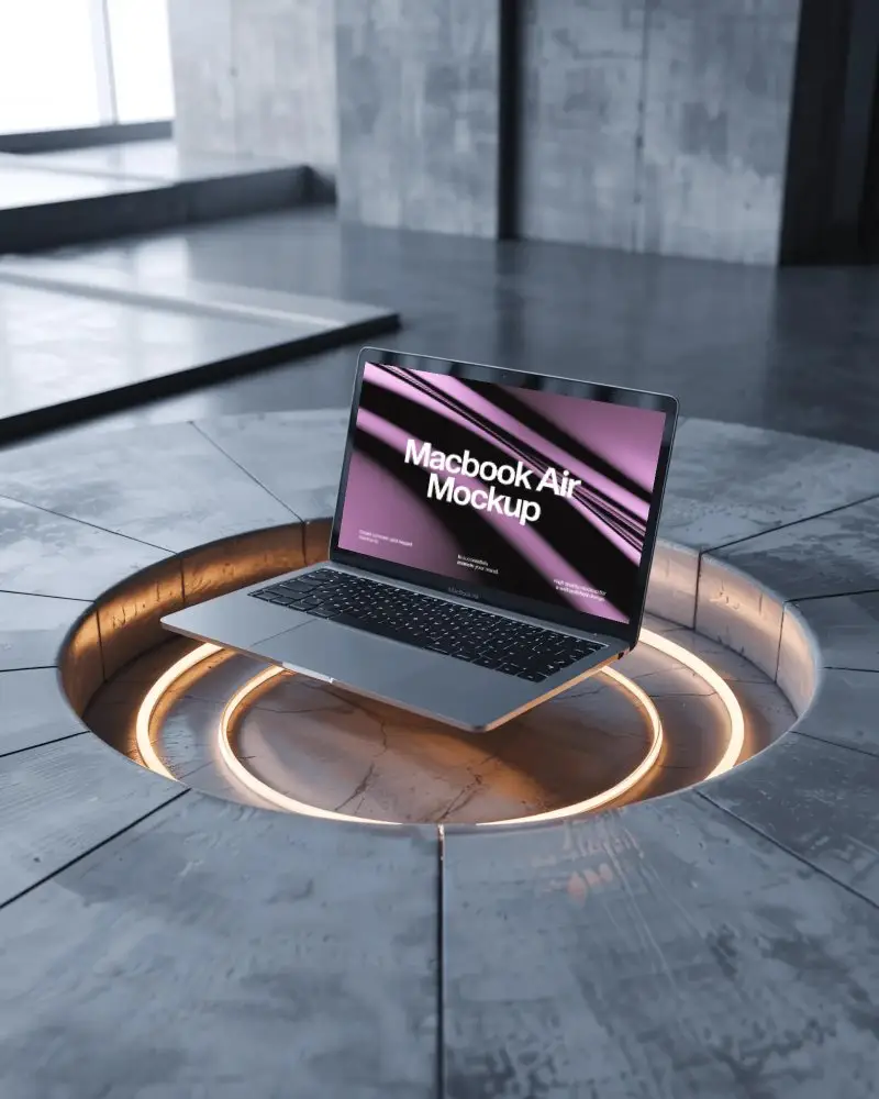 macbook-air-m1-mockup-on-glow-lit-showroom-floating-with-angled-light-effects-and-steel-textures
