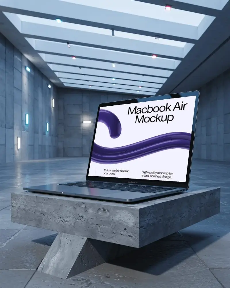 futuristic-concrete-room-macbook-air-mockup-on-geometric-stone-table-under-soft-ceiling-lights