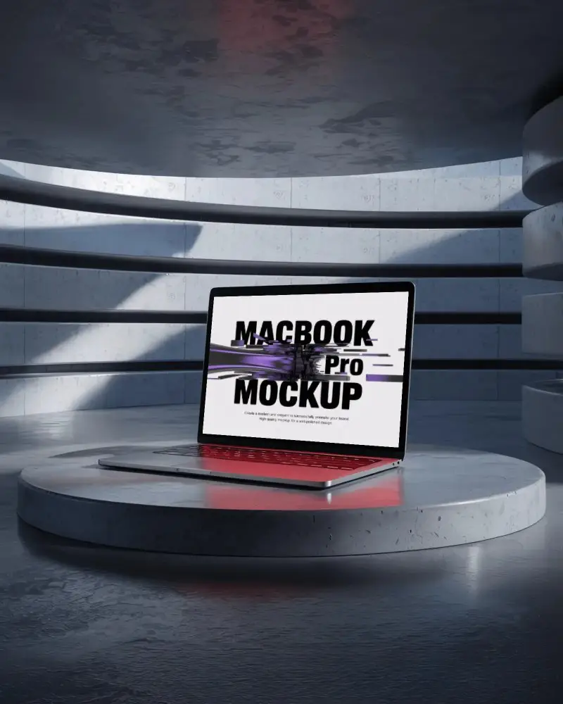 macbook-pro-m1-mockup-on-round-platform-in-spiral-concrete-room-with-contrast-lighting