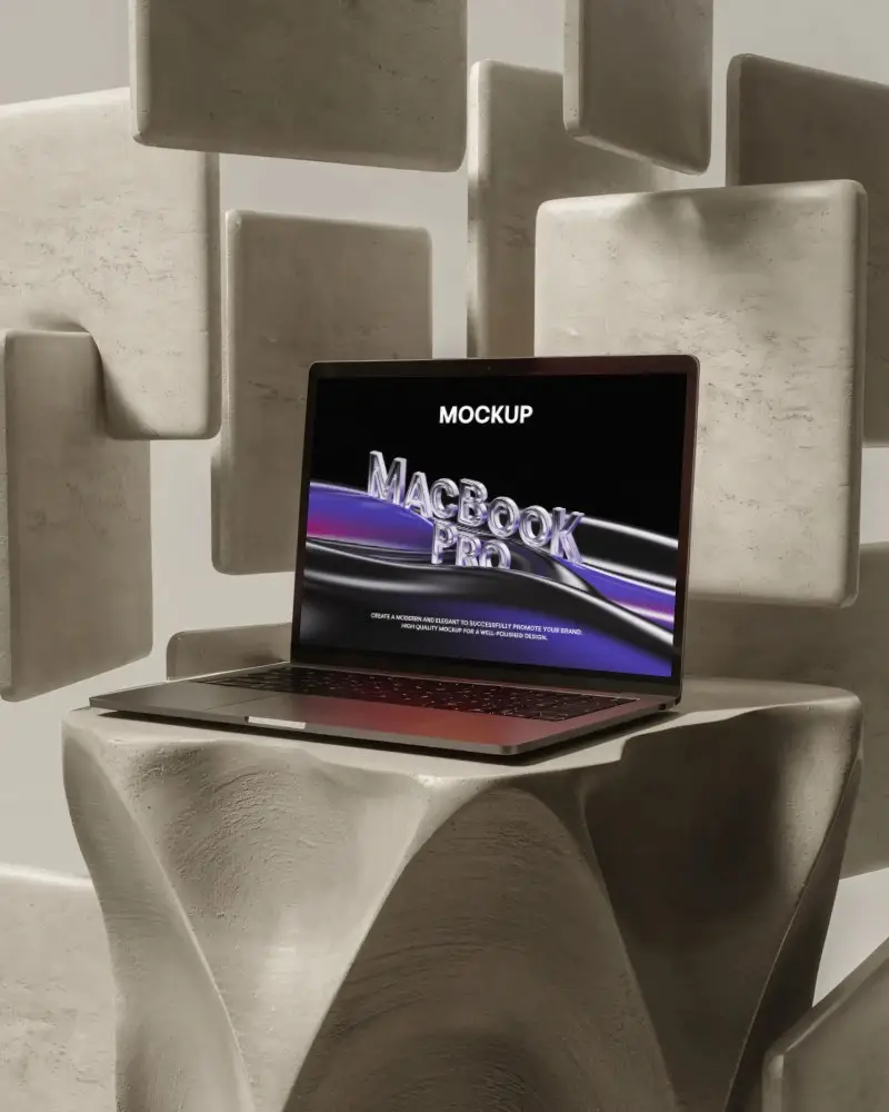 Abstract Backdrop Macbook M1 Pro Mockup On Organic Textured Pillar In Sculptural Room