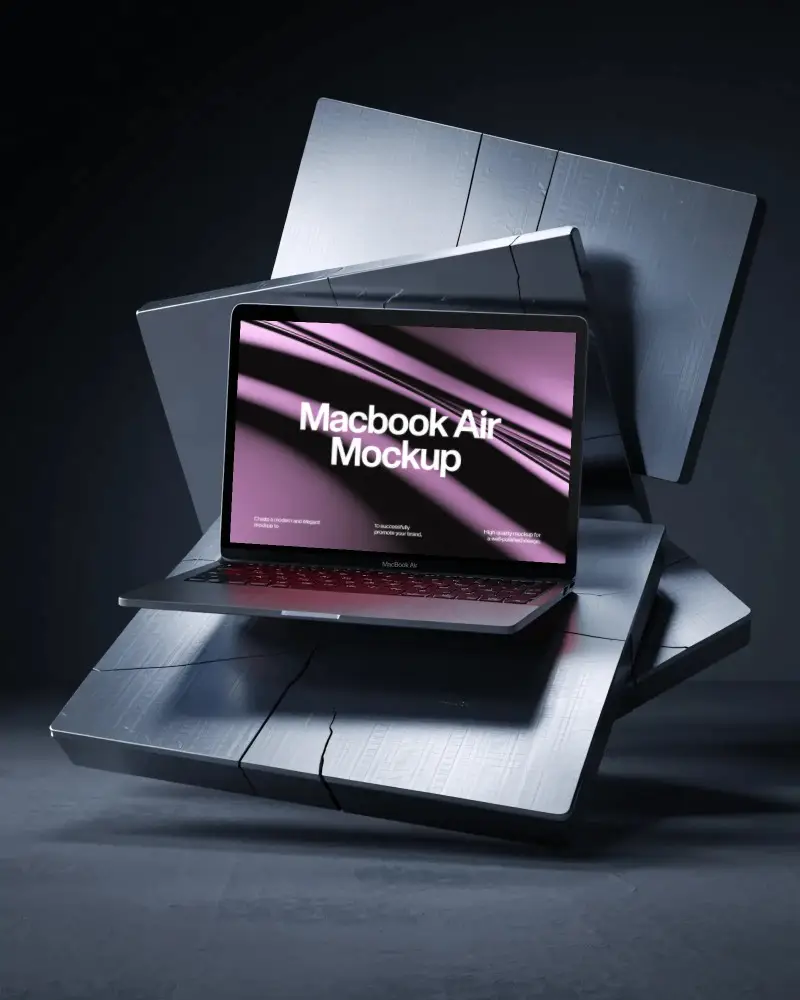 M1 Air Mockup On Stacked Metallic Tiles In Dark Moody Room With Industrial Sci Fi Lighting