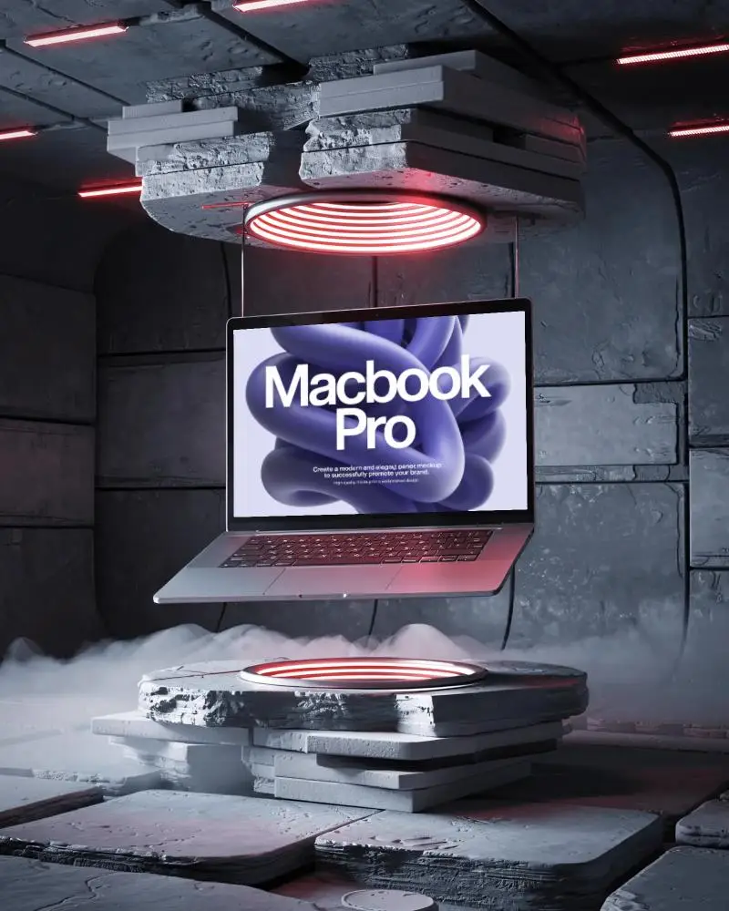 M1 Pro Mockup Suspended In Sci Fi Lab With Red Glow And Floating Stone Platform Setup