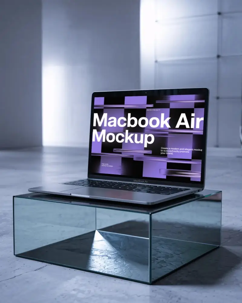 M1 Air Mockup On Mirrored Glass Block In Soft Lit Minimalist Room With Modern Concrete Floor