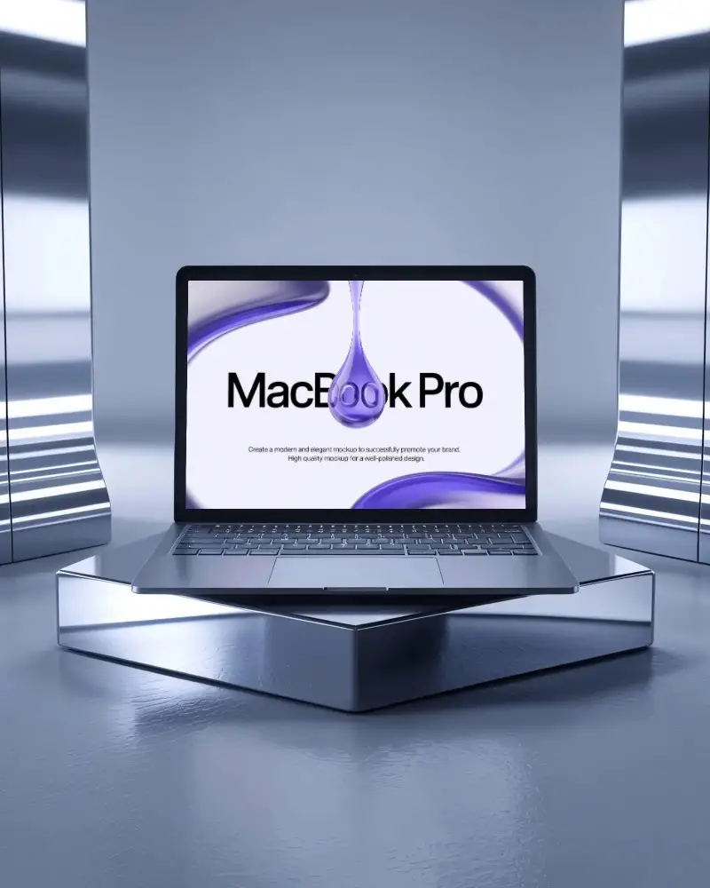 M1 Pro Mockup In Symmetric Metallic Tunnel With Polygonal Base And Directional Lights