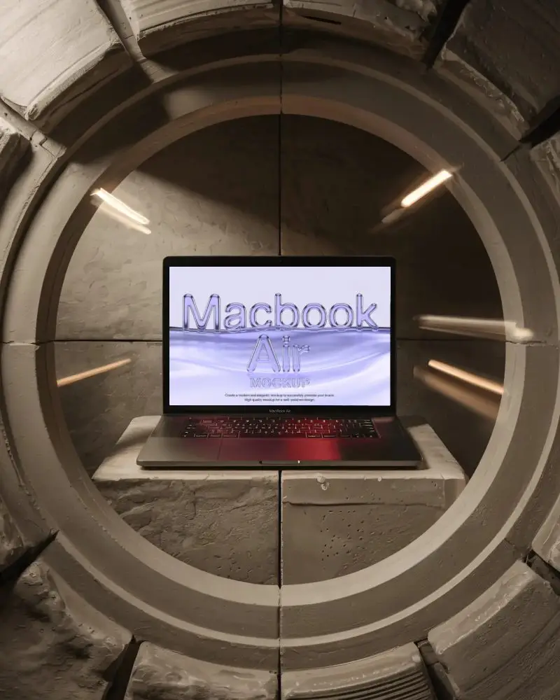 M1 Air Mockup In Circular Stone Chamber With Dramatic Light Streaks And Sci Fi Vault Vibes