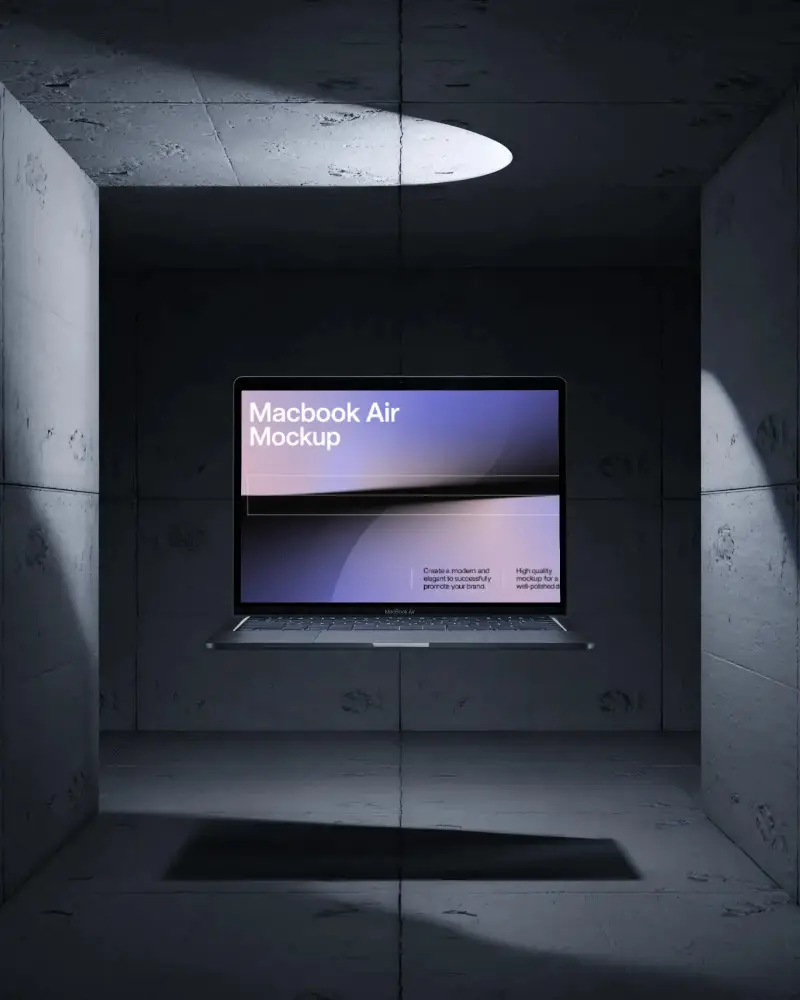 M1 Air Floating Mockup In Dark Concrete Room With Spotlight And Shadow Casting On Wall