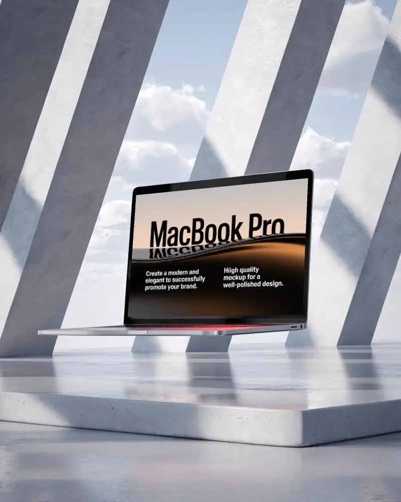 M1 Pro Mockup Floating On Smooth Platform In Open Architectural Space With Sky And Shadow Lines