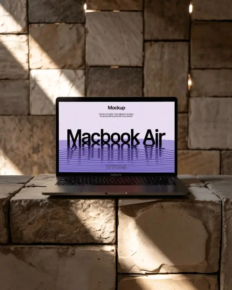 M1 Air Mockup On Rustic Stone Block In Warm Sunlight With Textured Wall And Soft Shadows