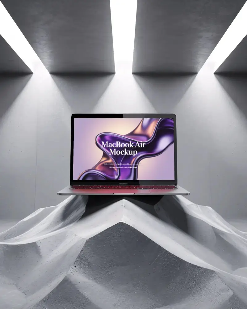 M1 Air Mockup On Sculpted Mountain Form Platform With Soft Spotlights In Minimal Studio