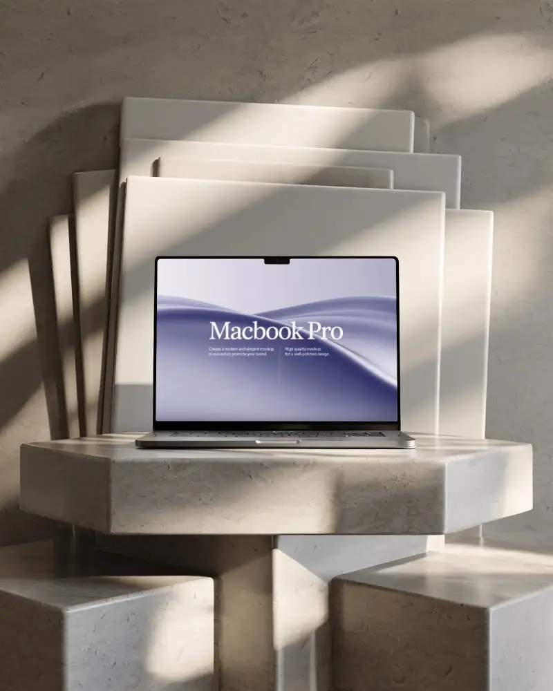 Minimalist Studio Scene With M4 Pro On Geometric Table And Soft Morning Light Shadows