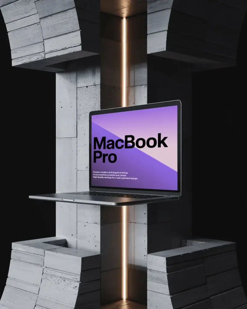M1 Pro Mockup Floating In Split Concrete Structure With Central Warm Light And Dark Backdrop