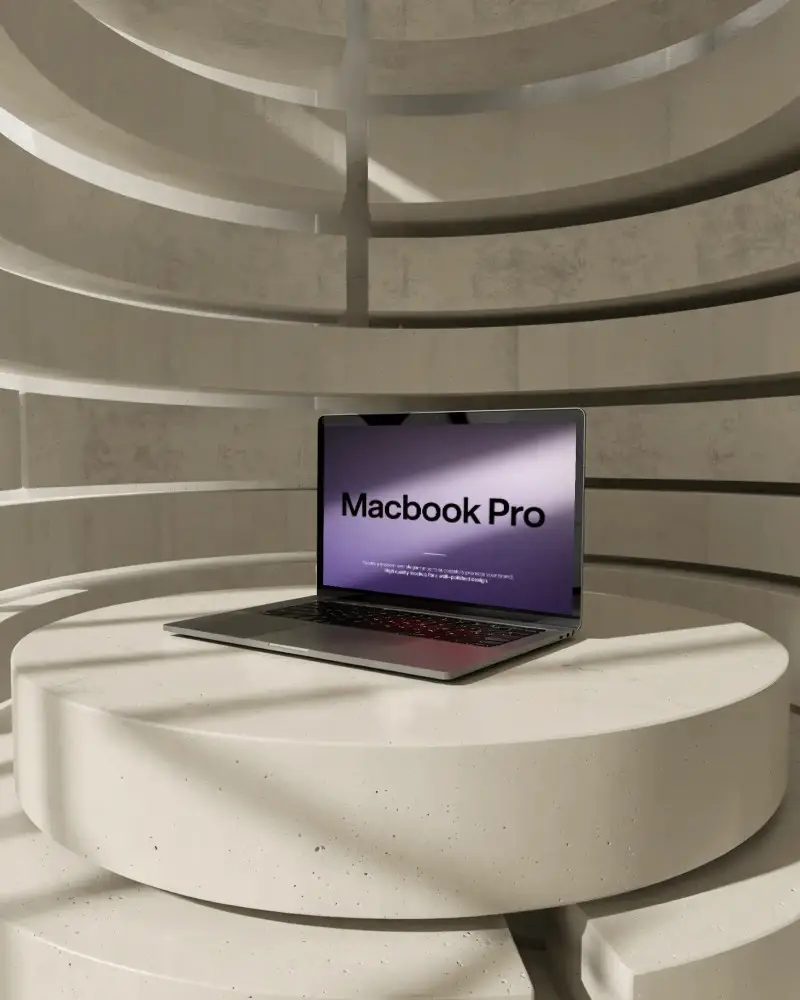 M1 Pro Mockup On Round Podium In Curved Architectural Space With Soft Sunlight And Shadows
