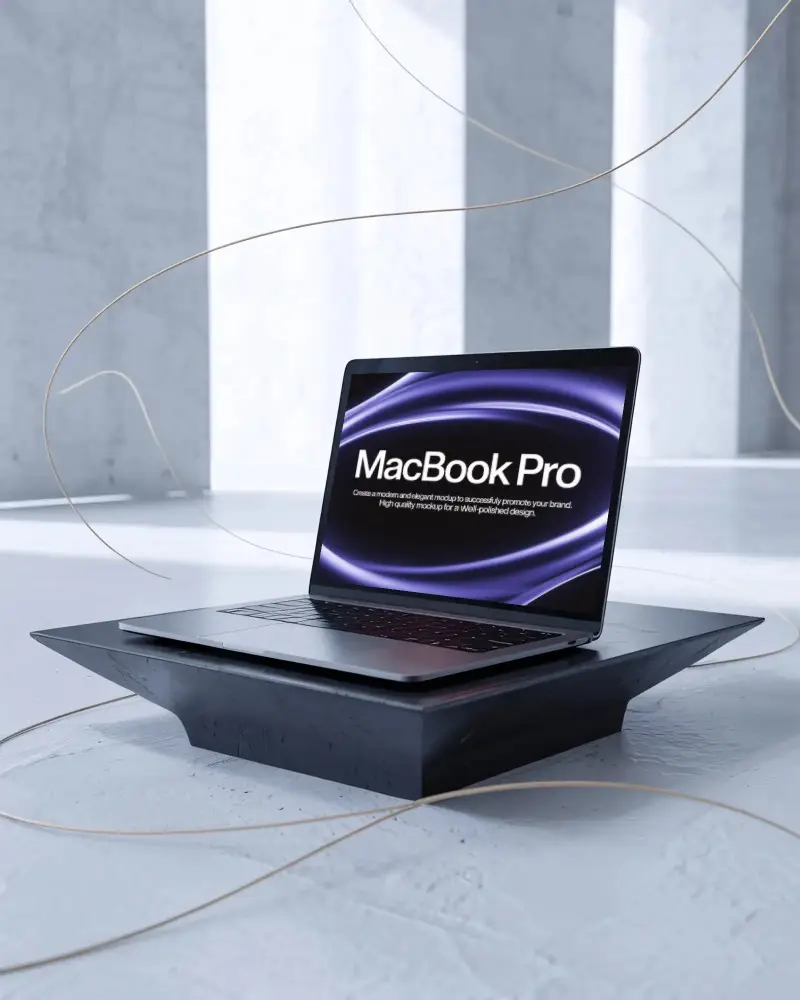 M1 Pro Mockup On Angular Dark Platform In White Studio With Floating Wires And Soft Light