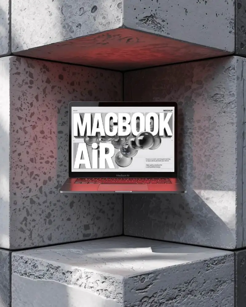 M1 Air Mockup Floating In Concrete Corner Niche With Red Underglow And Hard Light Shadows