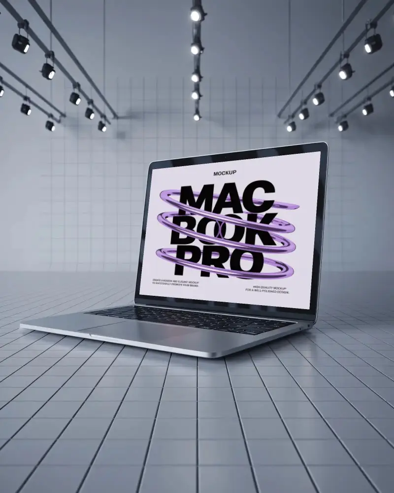 M1 Pro Mockup In Grid Floor Studio With Overhead Spotlights And Precise Linear Lighting