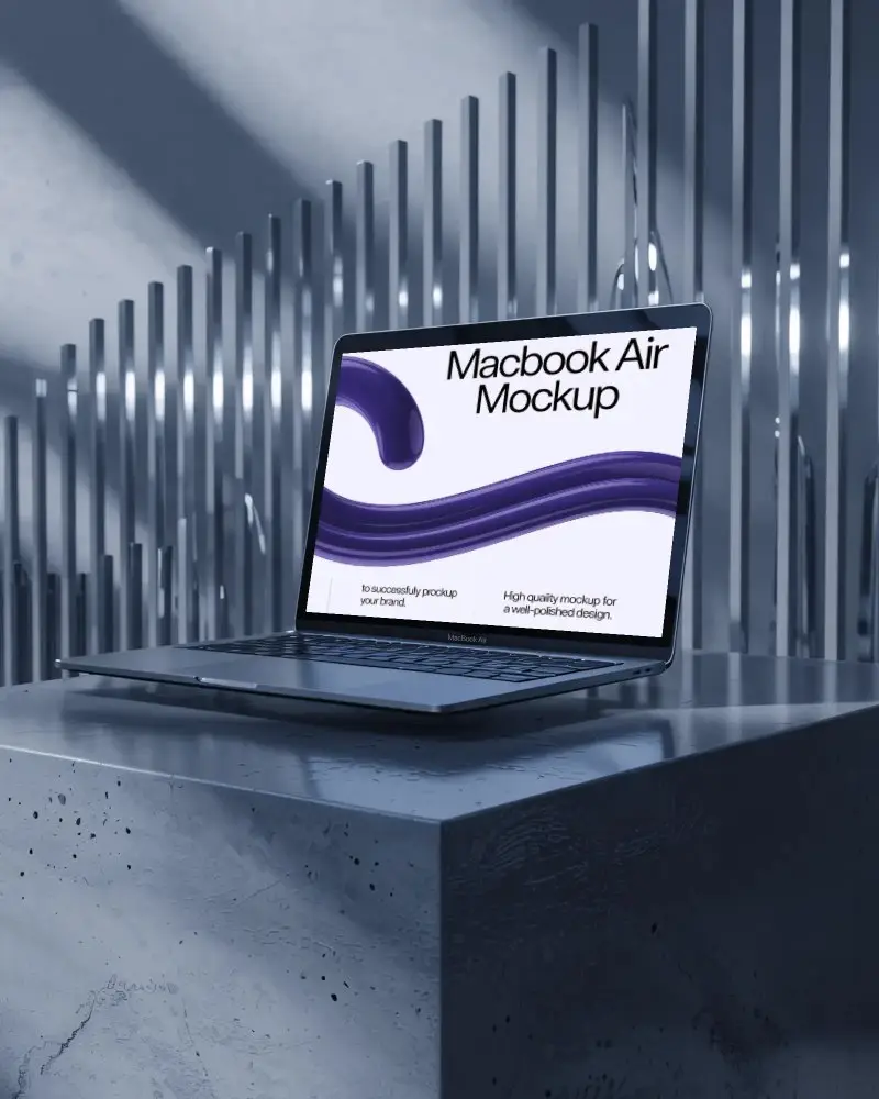 M1 Air Mockup On Polished Concrete Podium With Metal Pipe Backdrop And Cool Toned Light