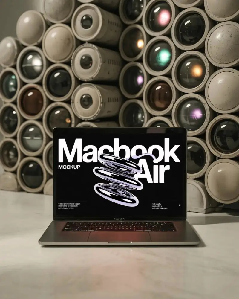 M1 Air Mockup On Marble Surface With Retro Camera Lens Wall And Warm Ambient Lighting