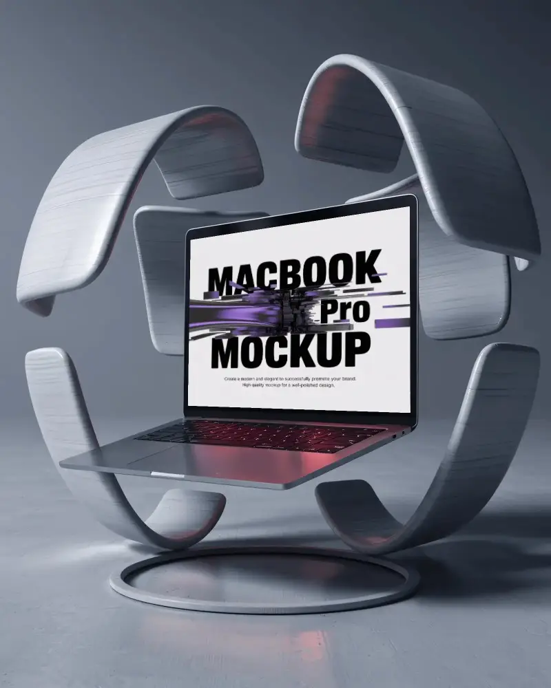 Surreal Tech Display Of M1 Pro Inside Abstract Circular Frame With Floating Arched Elements