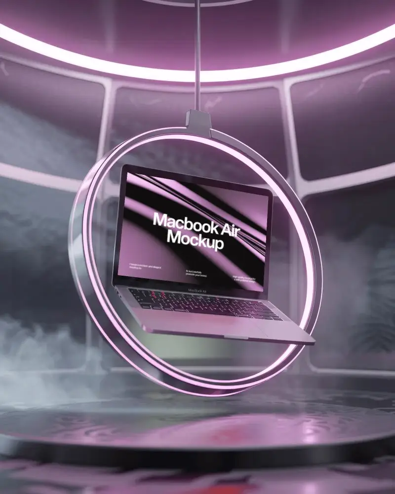 M1 Air Mockup Floating Inside Neon Ring Swing With Futuristic Purple Glow And Fog Effect