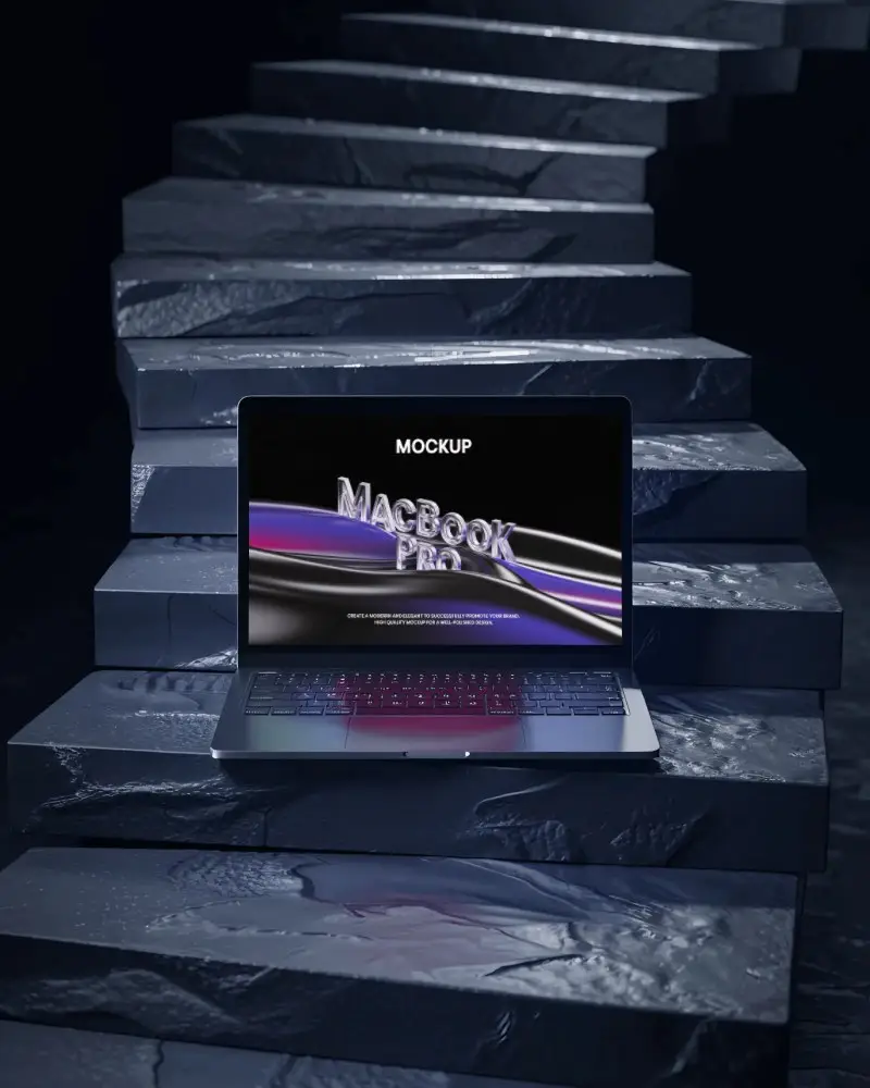 M1 Pro Mockup On Dark Sculpted Stone Stairs With Moody Lighting And Glowing Red Keys