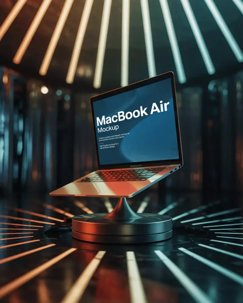 M1 Air Mockup On Metallic Pedestal In Sci Fi Tunnel With Radial Light Strips And Glow