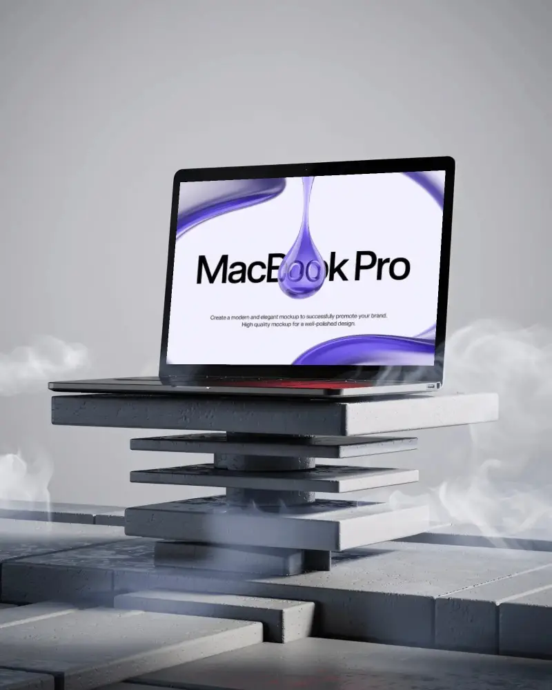 M1 Pro On Balancing Concrete Platform With Steam Rising In Minimalist Dreamlike Scene