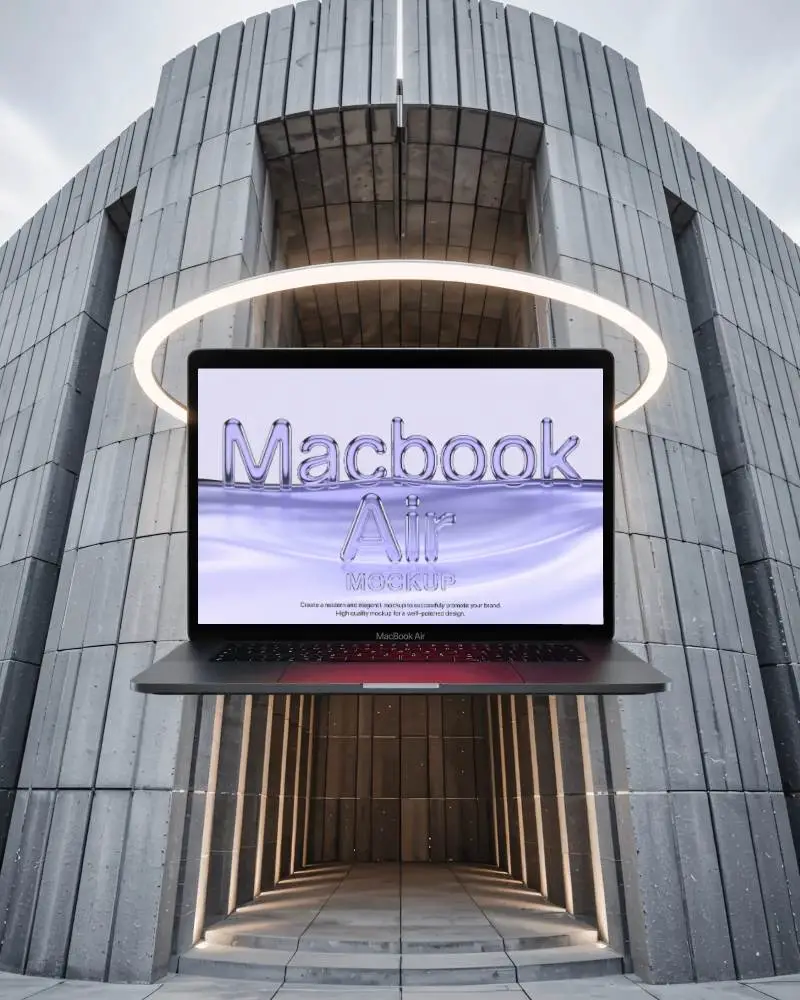 M1 Air Mockup Floating In Architectural Archway With Glowing Halo Ring And Symmetric Lines
