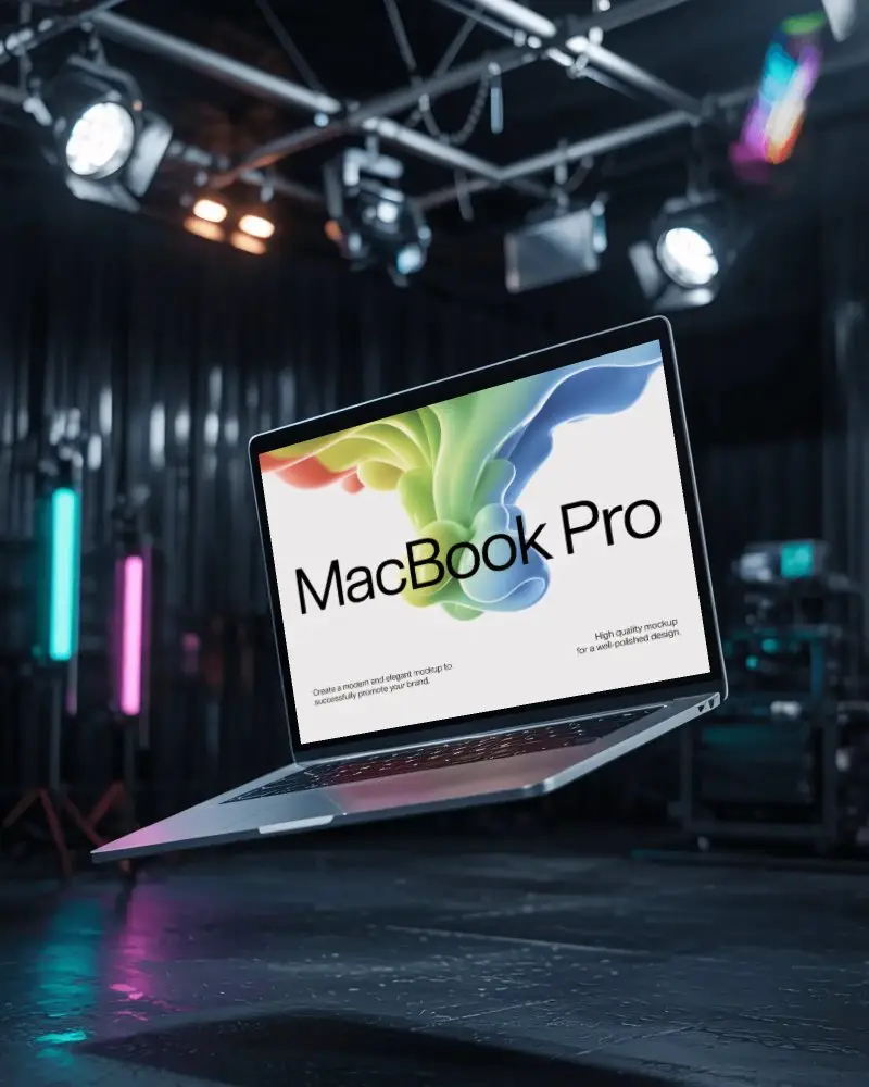 M1 Pro Mockup Floating In Film Studio With Stage Lights Neon Glow And Dark Industrial Set