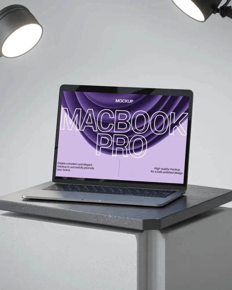 M1 Pro Mockup On Minimal Pedestal Under Dual Spotlights In Clean Product Studio Setting