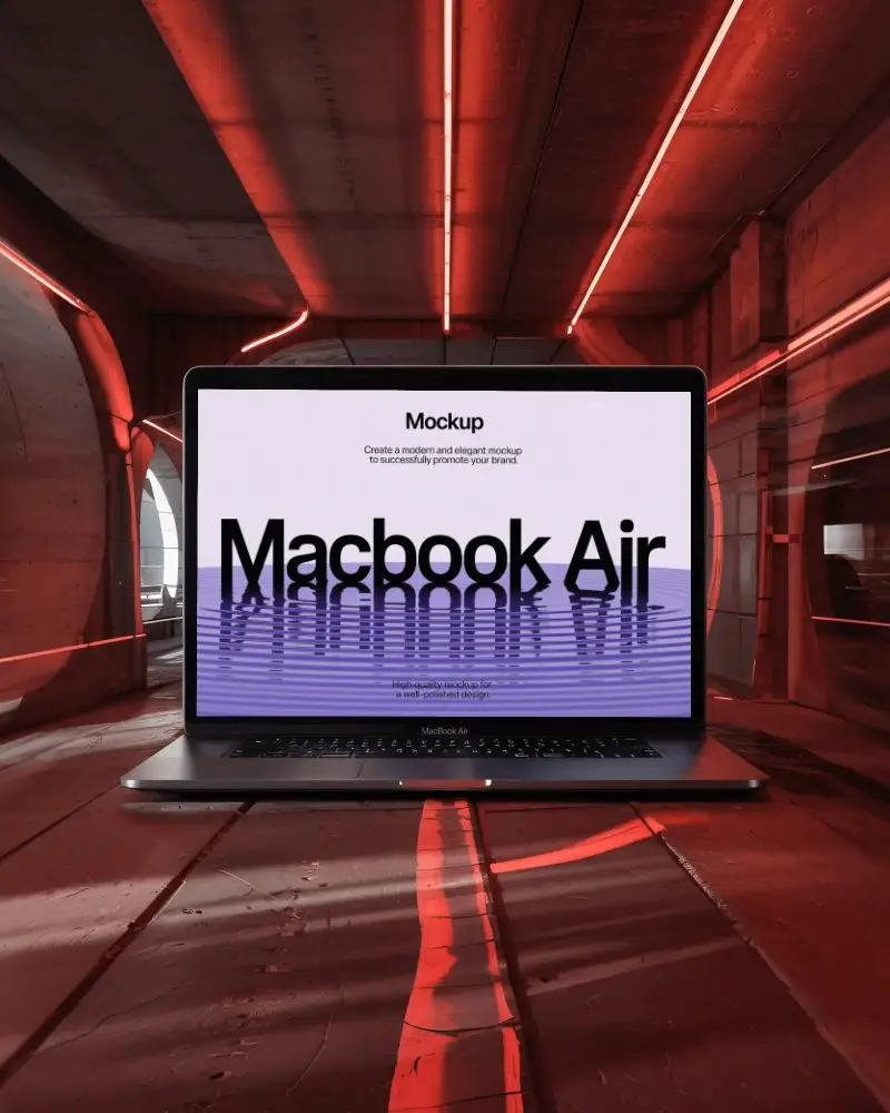 M1 Air Mockup In Red Neon Lit Tunnel With Industrial Walls And Dramatic Floor Light Streaks