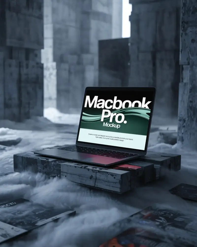 Cinematic Display Of M1 Pro In Abandoned Structure With Floating Mist And Stone Columns