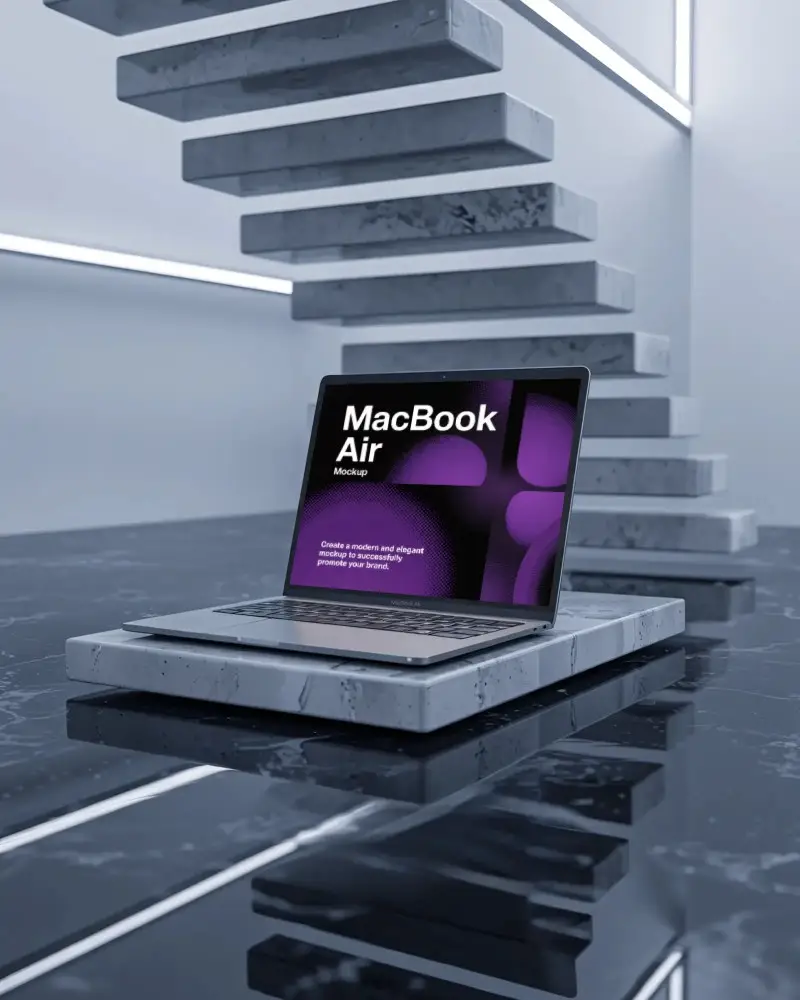 M1 Air Mockup On Polished Marble Floor With Floating Stone Stairs And Modern Led Lighting