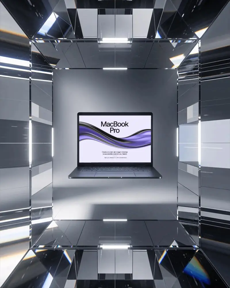 M1 Pro Mockup Floating In Glass Cube Room With Mirrored Surfaces And Crisp Studio Lighting