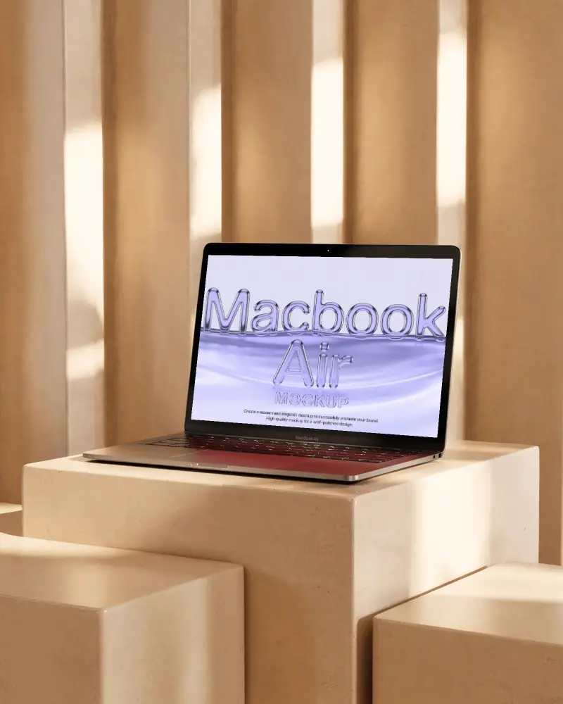M1 Air Mockup On Sunlit Sandstone Podium With Minimal Columns And Soft Glow Lighting