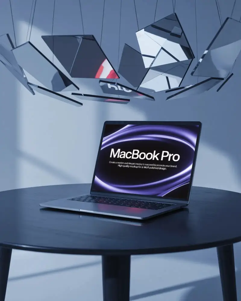 M1 Pro Mockup On Round Dark Table With Suspended Broken Mirrors In Modern Blue Studio