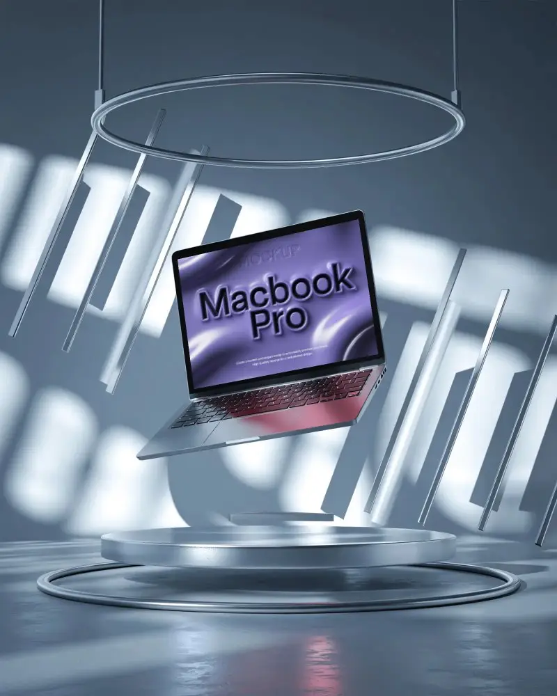 Futuristic Floating M1 Pro Mockup Inside Metallic Ring Frame With Abstract Light Shadows