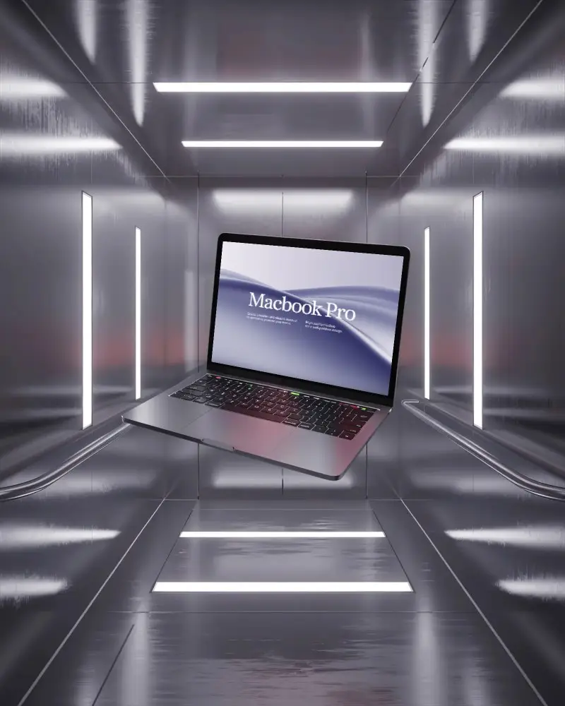 Metallic Elevator Inspired M1 Pro Mockup Suspended In Sleek Luminescent Light Chamber