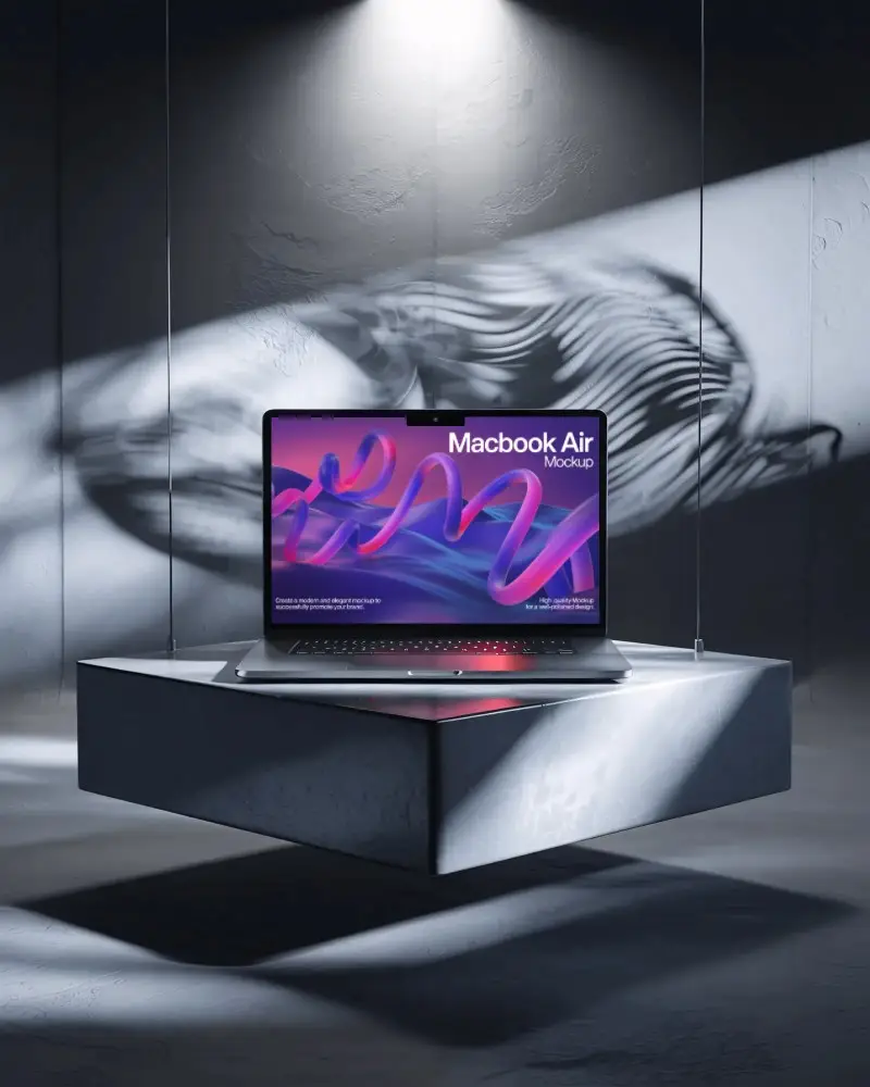 Elevated M2 Air Laptop Display Featuring Suspended Platform And Abstract Wall Pattern