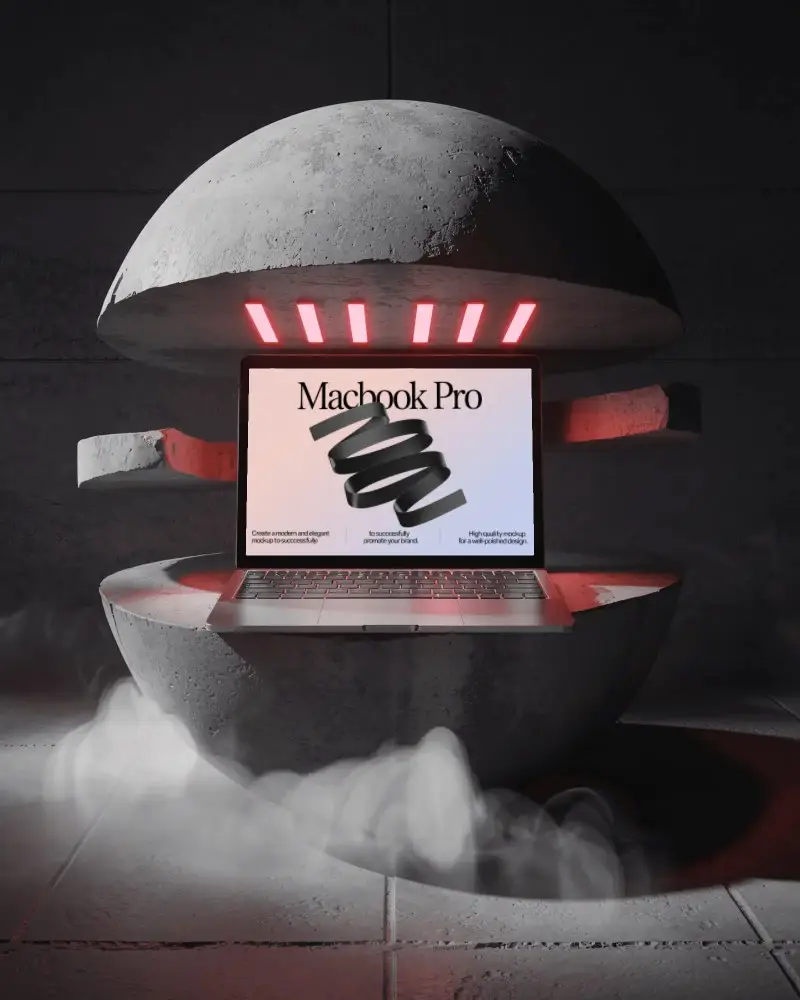 Futuristic M1 Pro Mockup Inside Open Concrete Pod With Red Glow And Steaming Effects