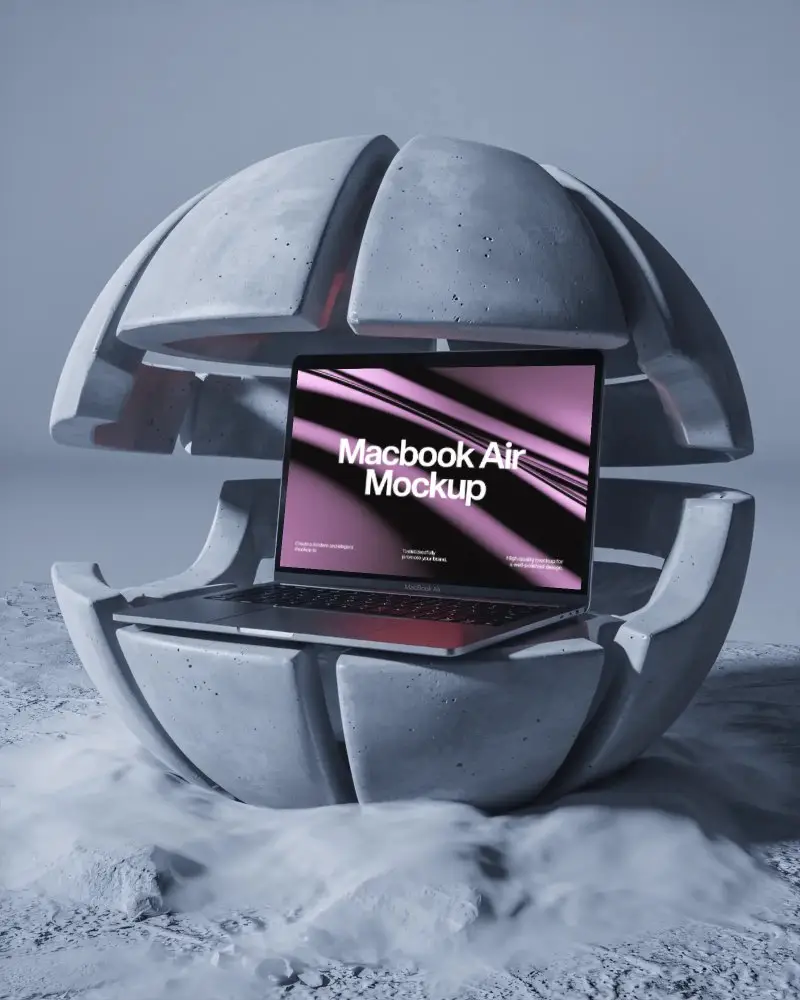 Futuristic M1 Air Mockup Inside Opened Concrete Orb With Minimal Light And Dense Fog
