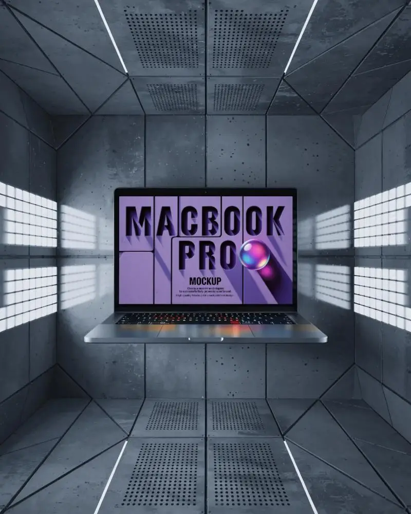 Futuristic Tech M1 Pro Mockup Floating In Metallic Cube With Grid Light Reflections