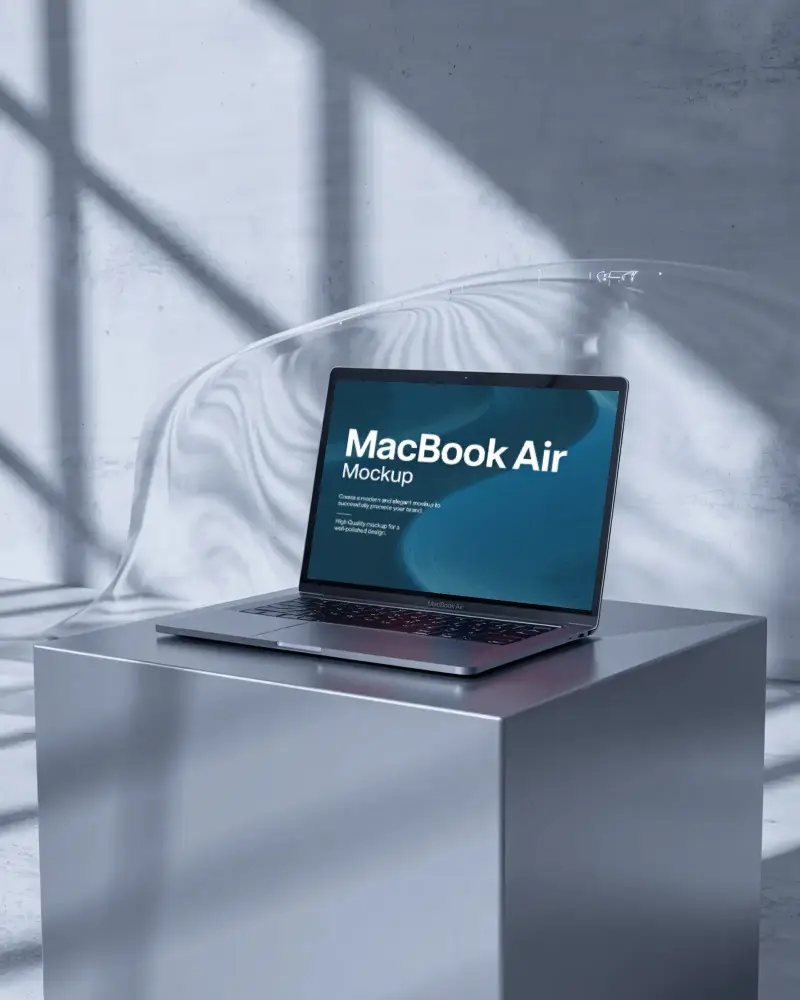 Ambient Lighting On M1 Air Mockup In Minimalist Display Box With Glass Sculpture
