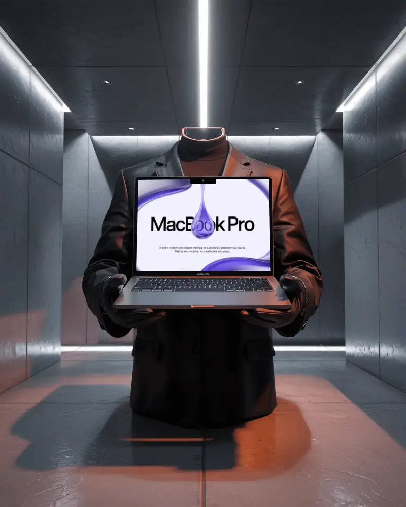 M2 Headless Figure Holding Macbook Mockup In Modern Minimalist Industrial Setting For Tech