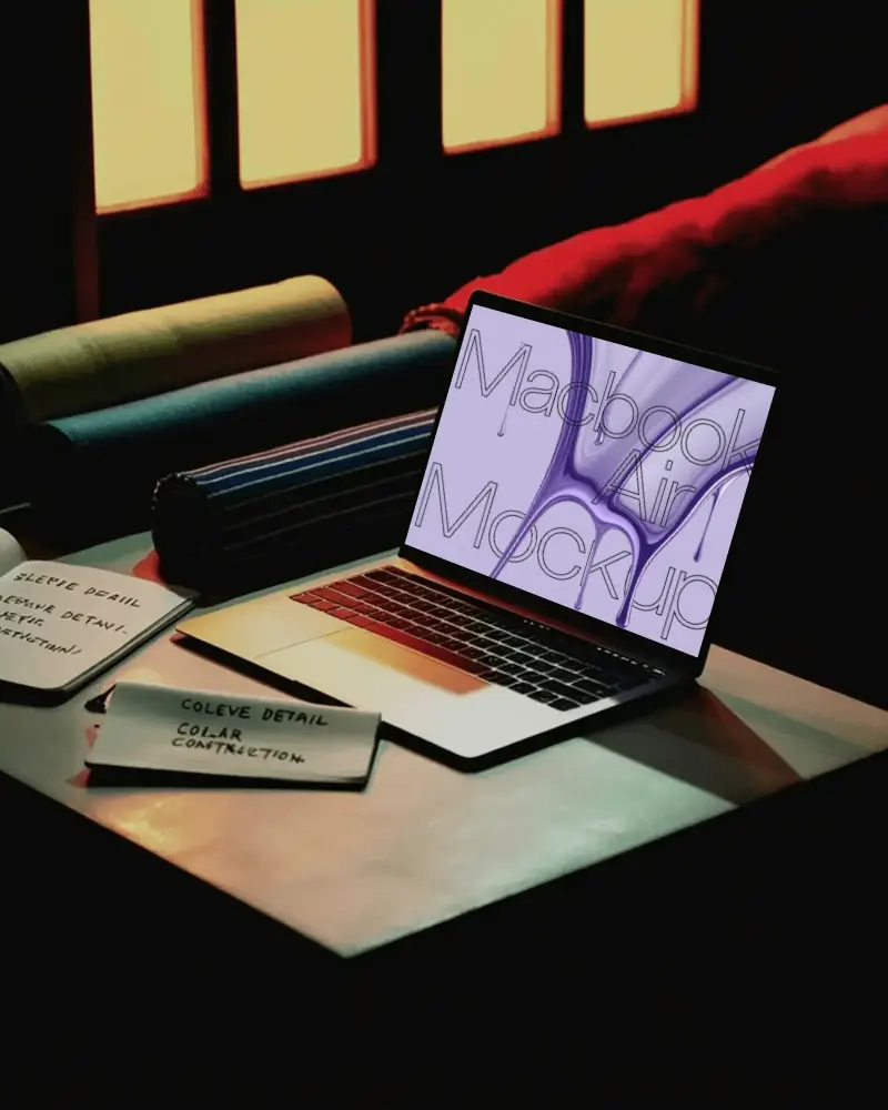 M1 Modern Macbook Mockup On Workdesk With Fabric Rolls And Detailed Notes For Design Project