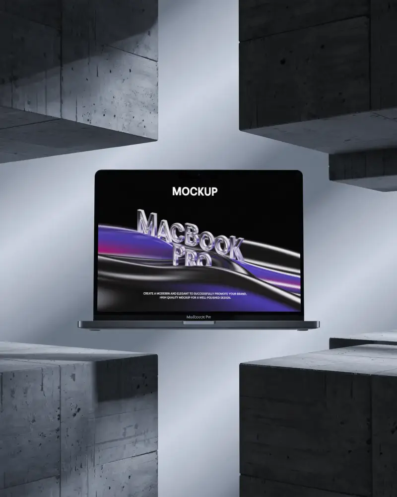 M2 Sleek Floating Macbook Pro Mockup With Minimalist Modern Concrete Block Background For Design