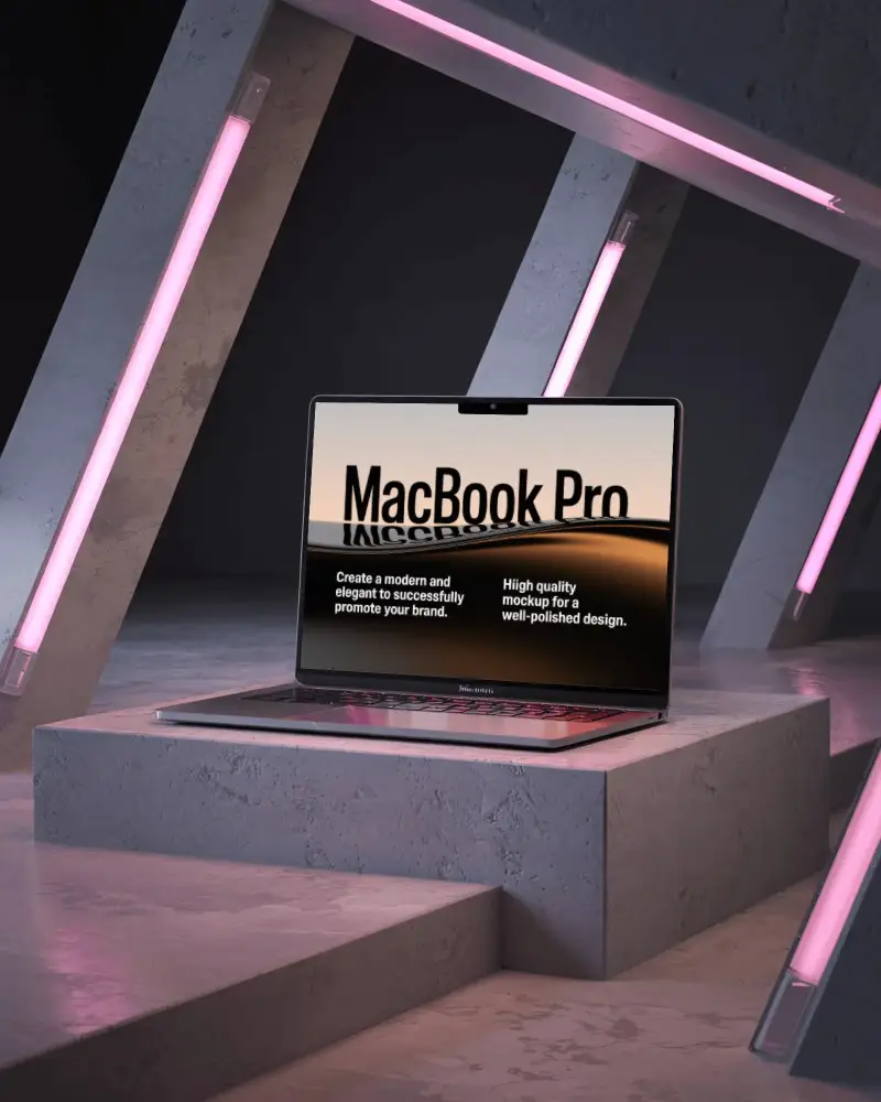 Sleek Modern Macbook Air M2 Mockup On Concrete Platform With Neon Lighting For Showcase