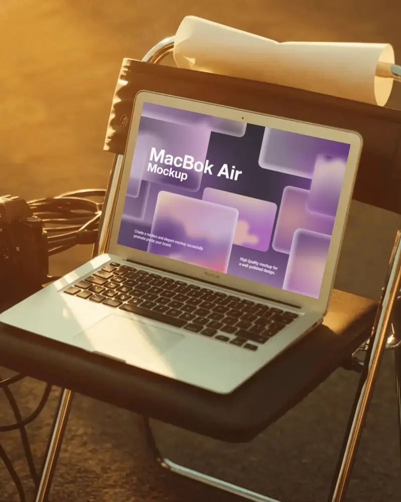 Sleek Modern Macbook Air M1 Mockup On Foldable Chair Outdoor Creative Technology Display Device